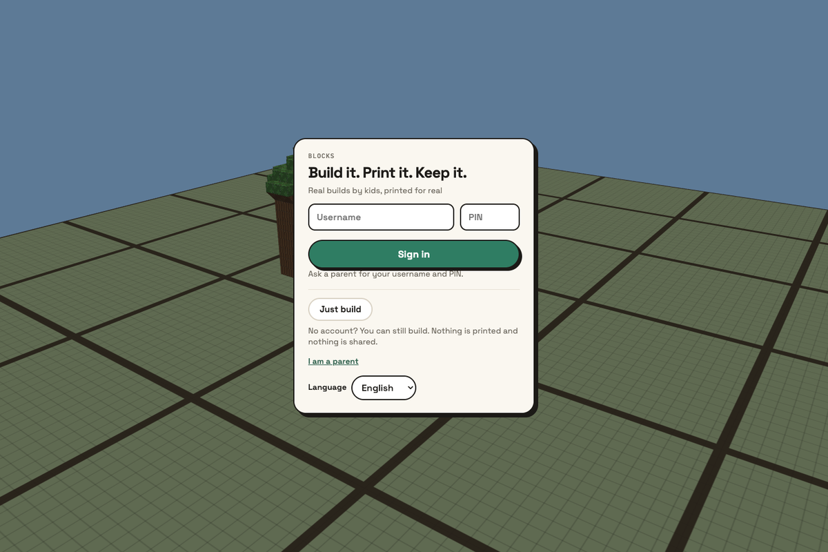 Start with Just build: no account needed for solo building, with saves kept on this computer.