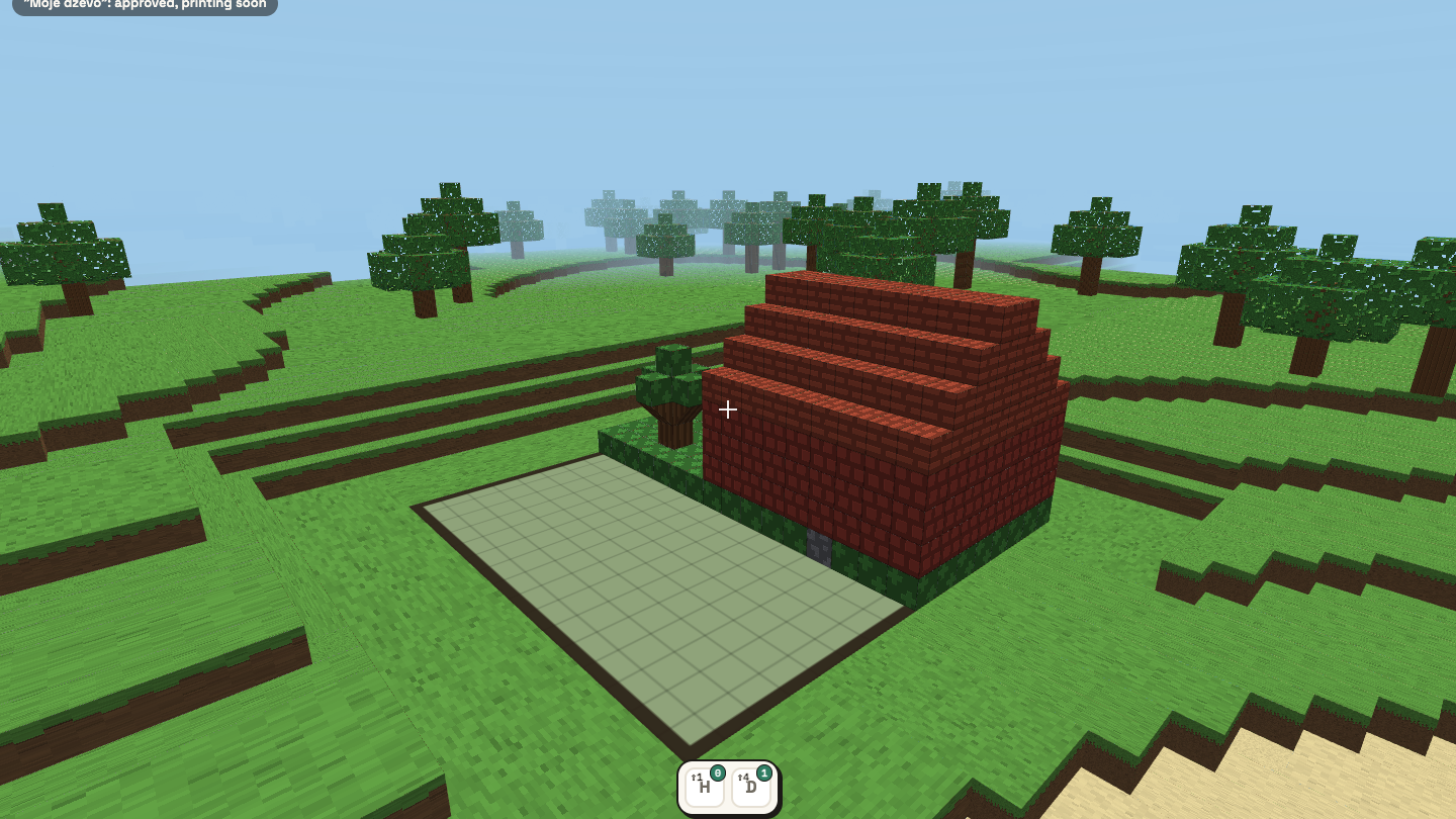 A child's house in Blocks: brick walls, a stepped roof and a little garden, built on one printable plate.